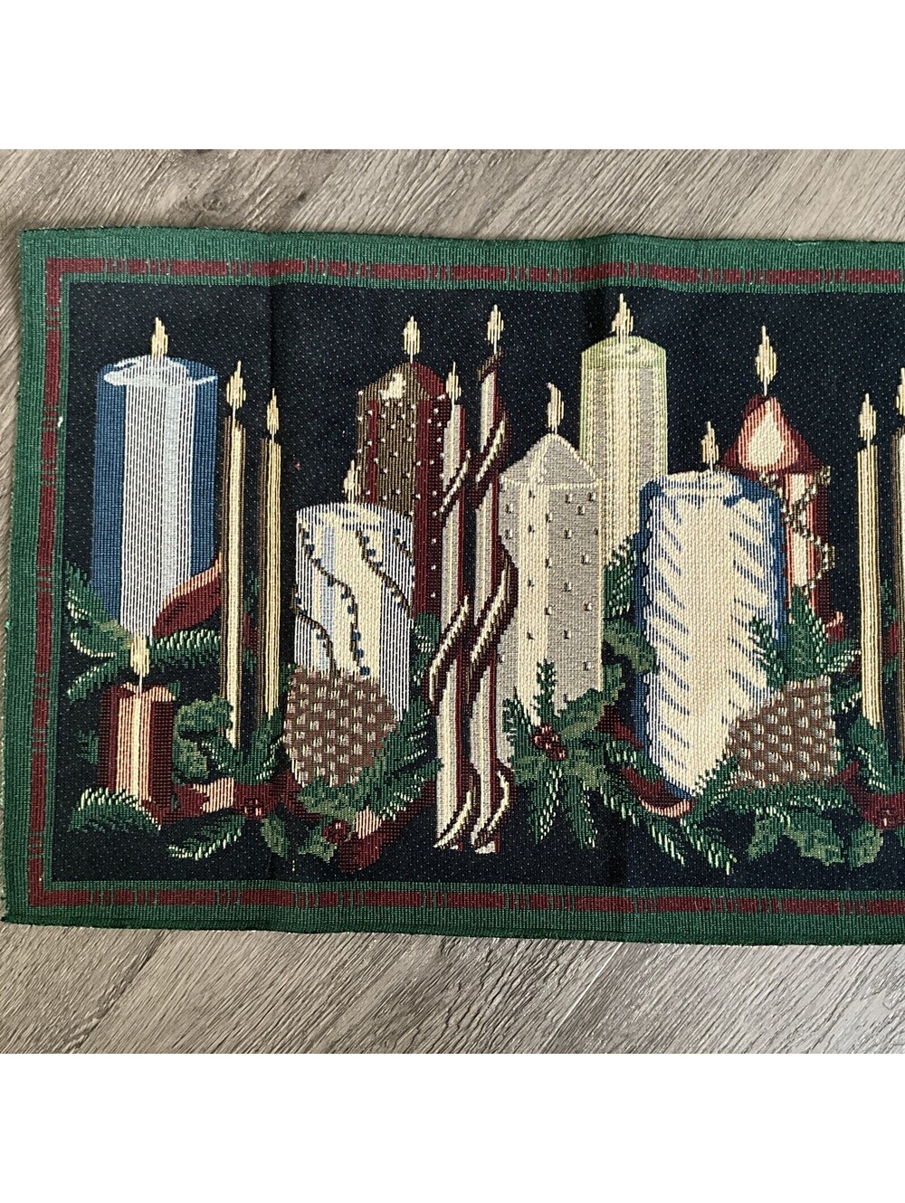 Kemp & Beatley Christmas Holiday Candles Tapestry Table Runner Vtg USA 13 x 53